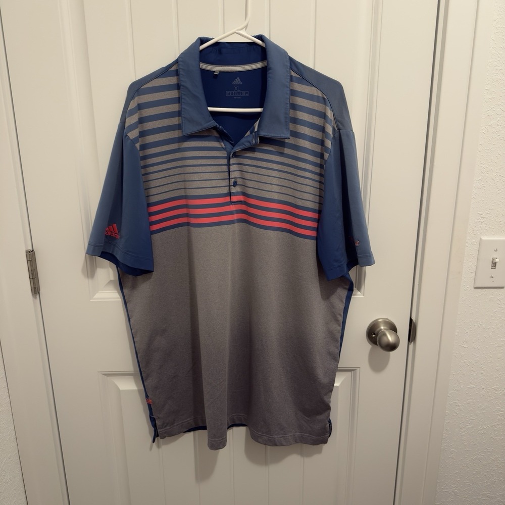 Adidas Men's Gray Blue Polo Pink Front Stripes‎ Ombré Design Back Size XL